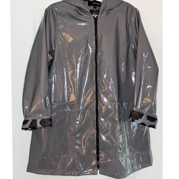 MYCRA PAC Jacket Designer A-LINE SLICKER / Nickel Leopard Hooded Zip M - Picture 1 of 12